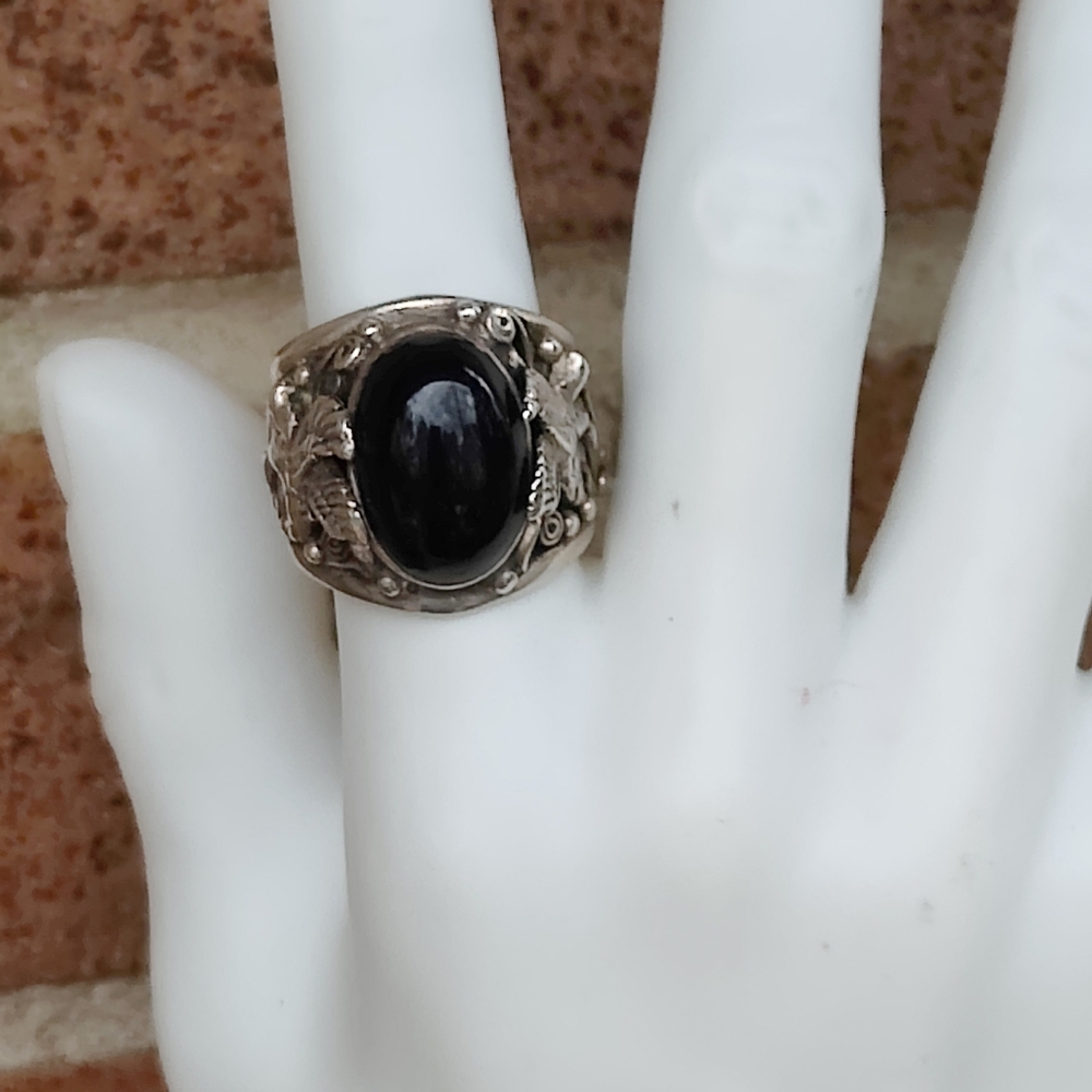 Massive Vintage Men's Sterling Silver Black Onyx Eagle Native American Ring - Picture 11 of 12